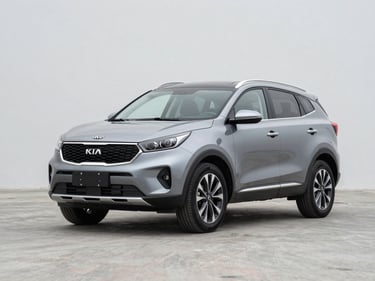 KIA Sportage SUV in three-quarter front view on a clean concrete surface under overcast studio daylight, bold wheel arches sharp, neutral grey background