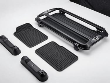 KIA genuine accessories — floor mats, cargo tray, and roof rack components arranged on a white studio surface under diffused strobe lighting, product codes visible on packaging