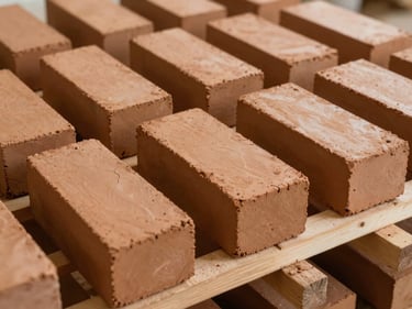 Rows of freshly moulded unfired clay bricks arranged on wooden drying racks inside a ventilated shed, soft diffused daylight, bricks showing slight surface cracks from controlled drying, warm ochre colour