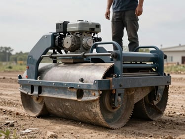 Operator-angle photograph of a walk-behind roller compactor on a dirt site, viewed from operator's standing position, drum and engine visible, natural overcast light, no people