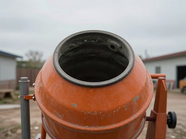 Close operator-perspective view of a drum concrete mixer in a yard, morning overcast light, drum opening visible, worn orange drum surface showing use, bare ground below, no people