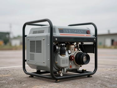 Wide shot of a petrol generator set on a flat yard surface, viewed from the front-side, ventilation grilles and control panel visible, soft overcast daylight, no people