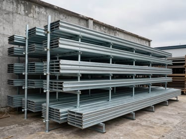 Wide angle view of stacked steel scaffolding frames in a yard, overcast natural light, frames leaning against a concrete wall, texture of galvanized steel visible, no people