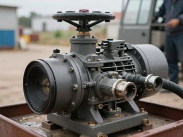 Close view of a diesel water pump unit in a yard, viewed from operator's side, pump casing and hose connectors visible, overcast daylight, bare ground, no people