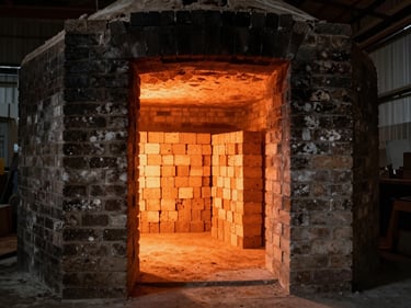 Interior view of a brick kiln with glowing orange heat visible through the opening, stacks of bricks inside at high temperature, industrial workshop setting, dramatic warm light against dark kiln walls