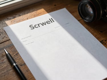 Close overhead view of a screenplay title page resting on a worn wooden desk, natural window light raking across the paper, pen resting at the edge of frame