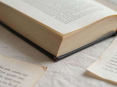Tight side-angle shot of a book spine and open pages on a pale linen surface, soft diffused daylight, a few loose manuscript sheets nearby