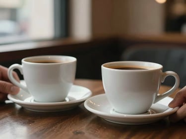 Close-up of two ceramic coffee cups on a café table, hands just visible at the edges, soft window light from the left, warm tones, shallow depth of field