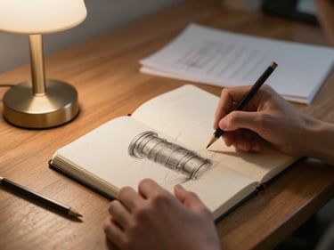 Hands sketching in a notebook on a wooden table beside a small lamp, paper and pencils softly lit by warm indoor light, close-up framing, evening atmosphere