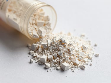Macro overhead shot of lyophilized repair powder in a small open capsule, white crystalline granules with subtle warm tone, shadowless studio lighting, clean white surface beneath