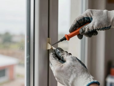 Close-up of a sealant bead being applied along a window frame edge, hands in work gloves, overcast daylight, construction site background out of focus
