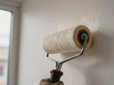 Extreme close-up of a roller applying matte paint to a smooth interior wall, overcast daylight from a nearby window, paint edge crisp and even, warm off-white tone