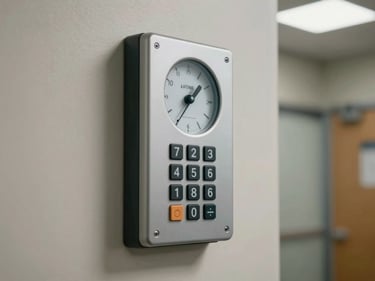 Wall-mounted time clock device with numeric keypad in a small office hallway, neutral wall background, overhead fluorescent lighting, no people
