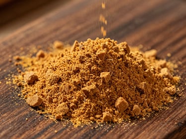 Macro shot of fine golden jaggery powder cascading onto a dark wooden surface, warm side lighting