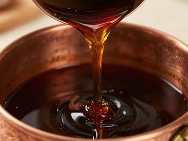 Thick, dark molasses pouring smoothly from a copper vessel, capturing its viscous, glossy texture.