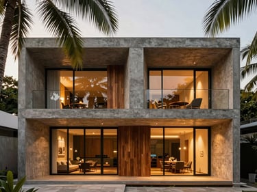 Elegant two-story modern tropical industrial house facade, dramatic geometric concrete structures, warm interior lights glowing at dusk