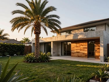 Wide environmental shot of a modern home with a lush private backyard garden, golden hour light filtering through palm leaves