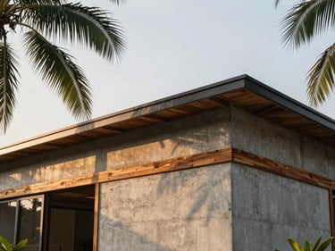 Close-up architectural shot of a single-story modern industrial house, raw concrete and teak wood accents, soft morning light