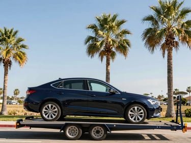 A car being loaded onto a transport carrier with palm trees and a sunny landscape in the background, bright daylight, clear sky, professional editorial commercial photography.