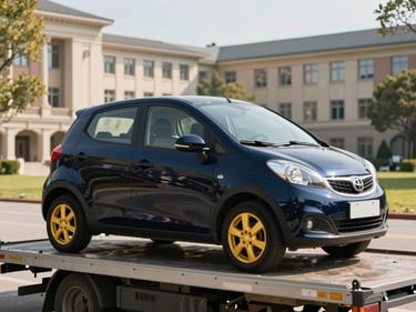 A compact car secured on an open carrier, bright daylight, university campus buildings in the background, professional editorial commercial photography.
