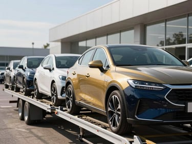 Multiple new cars lined up on a large auto carrier, bright daylight, modern dealership facade in background, professional editorial commercial photography.