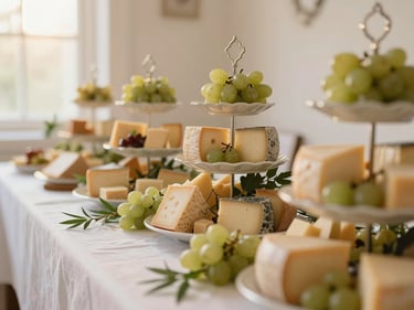 Low-angle shallow depth of field shot of a long grazing table styled with tiered cheese towers, fresh grapes, and delicate greenery, soft golden hour light