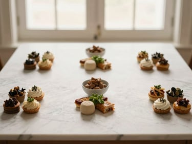 Minimalist overhead shot of a clean corporate grazing table with neatly arranged artisanal pairings and elegant marble accents
