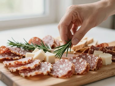 Close-up of a hand placing a single sprig of rosemary on a beautifully arranged wooden charcuterie board, soft natural light