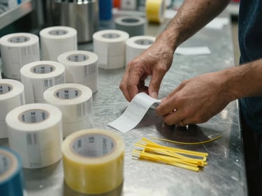 Hands sorting operational supplies — price label rolls, packaging tape, cable ties — on a metal worktable under direct overhead lighting in a retail stockroom