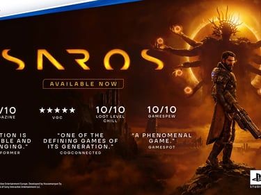 Official Saros PS5 game promotional poster featuring a warrior and a multi-armed celestial entity.