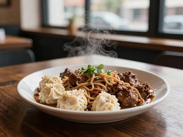 Warm editorial food photography of a hearty local comfort meal steaming hot on a dark wood cafe table, shallow depth of field