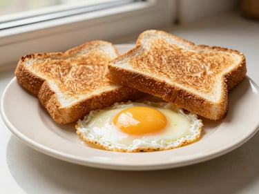 Warm editorial food photography of a freshly prepared breakfast plate with golden toast and soft eggs on a cream ceramic plate, soft daylight