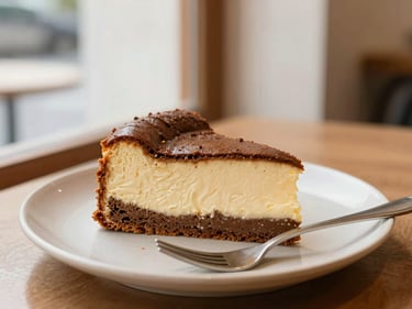 Warm editorial food photography of a comforting slice of local cake on a beige plate next to a small fork, soft ambient cafe lighting