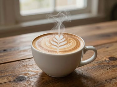 Warm editorial food photography of a steaming cup of coffee with elegant latte art on a rustic wooden table, soft morning window light