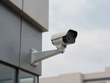 Wide environmental shot of IP cameras mounted on a commercial building exterior façade, overcast Dubai daylight, steel mounting brackets visible, no people in frame