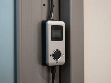 Close-up detail of an access control card reader mounted on a brushed steel door frame, wiring visible at back plate, north-facing interior light, no people