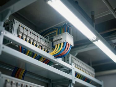 Overhead view of structured cabling inside a cable tray, neatly bundled Cat6 runs color-coded and routed through a building ceiling void, practical fluorescent task lighting