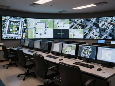 Wide shot of a control room workstation with multiple live monitoring displays showing building floor plans and camera feeds, task lighting, no operator in frame