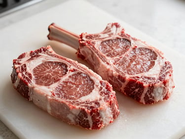 Two thick beef ribeye steaks on a clean butcher block, bright natural light, crisp focus