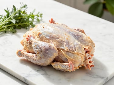 Whole dressed clean chicken on a sanitized marble prep table, high-key bright lighting, fresh herbs nearby