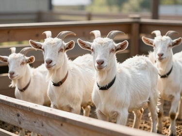 Healthy Philippine native goats standing in a clean, elevated wooden pen, bright natural morning light, pristine agricultural setting.
