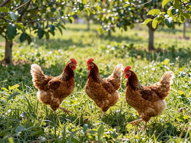 Free-range chickens roaming in a sunlit grassy orchard, vibrant green foliage, bright natural daylight, sharp focus on healthy poultry.