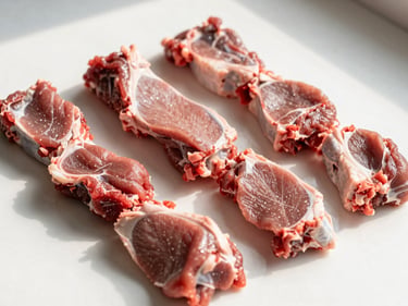 Freshly portioned goat meat cuts on a clean white surface, natural morning sunlight, sharp focus