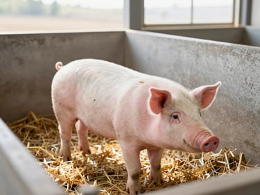 A healthy, clean pig in a spacious, well-ventilated concrete pen with fresh straw bedding, bright morning light filtering through open sides.