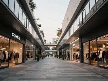 Wide-angle view of a modern retail arcade on Sohna Road Gurgaon, double-height storefronts with glazed facades, pedestrian walkway, neutral overcast light, no shoppers