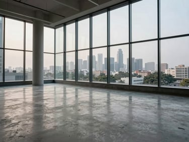 Empty modern office floor with full-height glass curtain wall, Gurgaon skyline visible through windows, soft overcast daylight, polished concrete finish, no occupants
