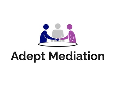 Adept Mediation logo with two people shaking hands across a table, as a mediator sits in the middle of them observing