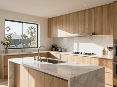 Bright modern kitchen with marble countertops, light wood cabinets, sun-drenched, editorial photography.