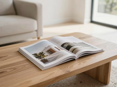 An open architectural magazine on a clean oak coffee table, soft daylight, minimalist aesthetic.