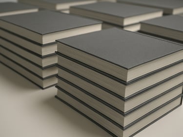 Wide view of hardcover book print run stacked on a white production table under even studio light, spines aligned, cover texture visible